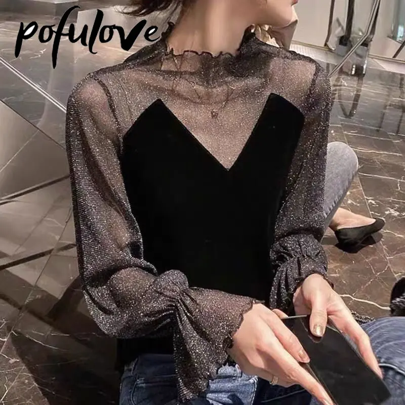 Blouse Women Tops Thin Lace Shirts Bright Silk Patchwork Mesh Basic Top Vintage Black T-shirt Summer Beautiful Women's Blouses
Blouse Women Tops Thin Lace Shirts Bright Silk Patchwork Mesh Basic Top Vintage Black T-shirt Summer Beautiful Women's Blouses