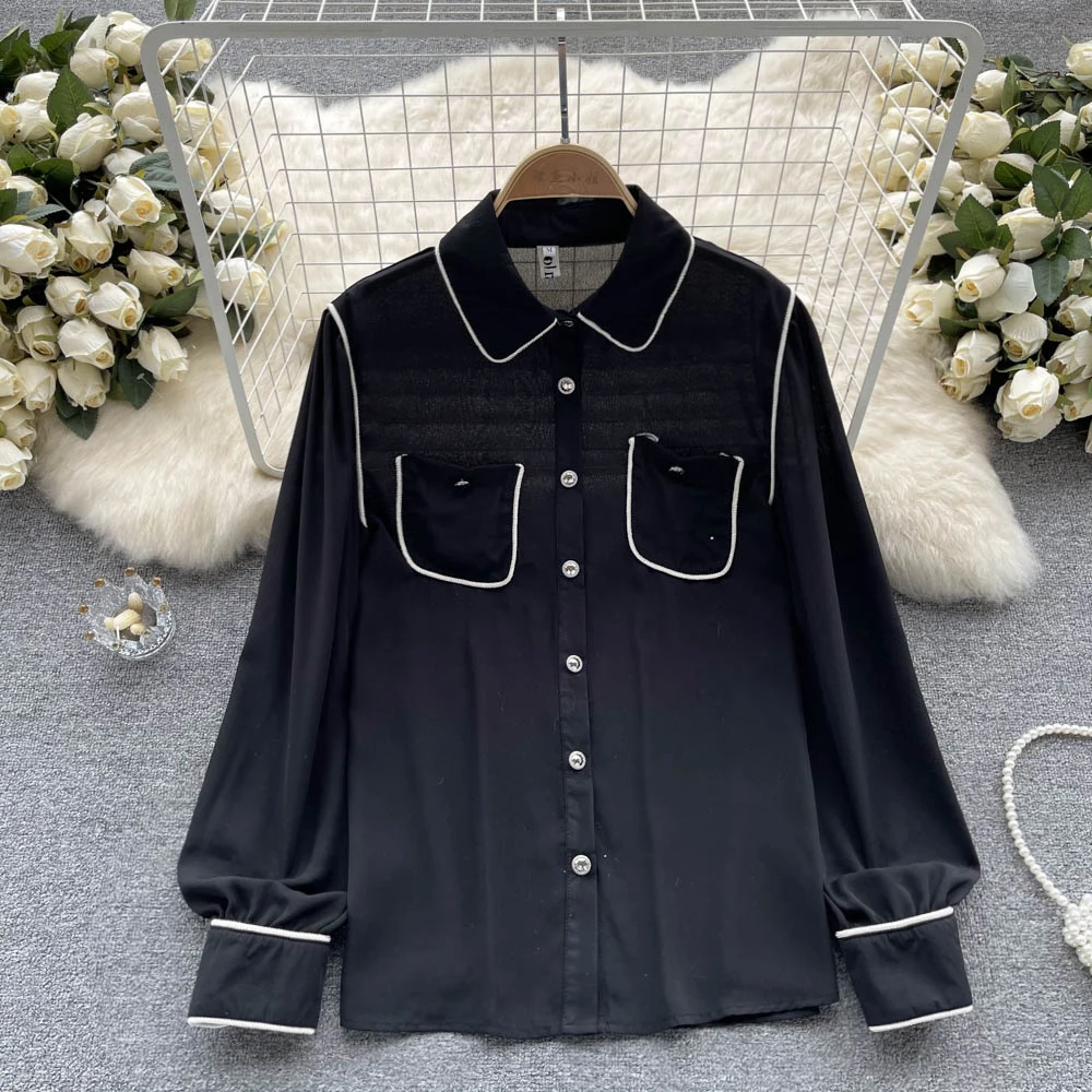 

Black Pokets Shirt Women Blouse Long Sleeve Korean Fashion 2023 Spring Summer New Chiffon Casual Loose Splicing Houthion