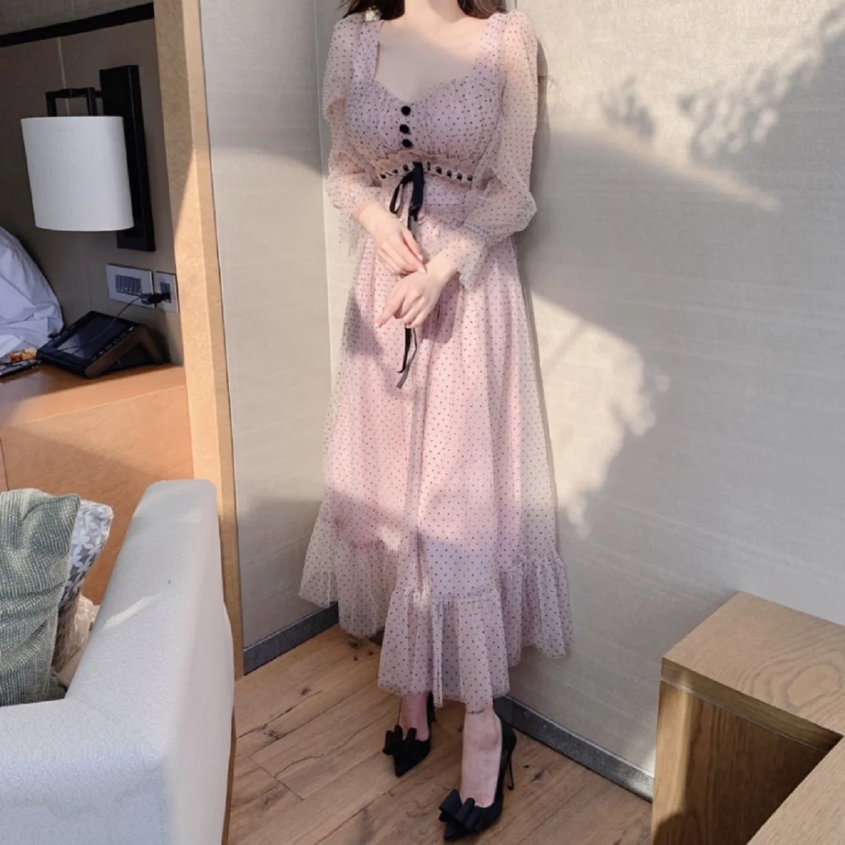 

Vintage Polka Dot Mesh Dress Women Long Sleeve Square Collar Bandage High Waist Party Long Dresses Vestidos apricot pink F149