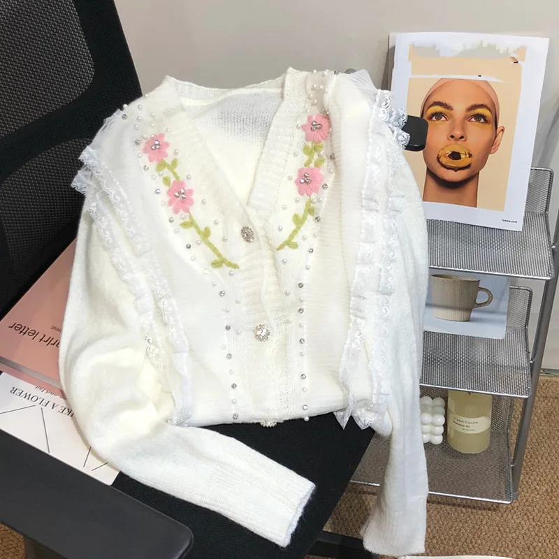 2022 Spring Autumn Ruffled Beaded Flower Lace Sweater Mujer sueters de mujer Candy Color Single-breasted Knitted Cardigan Mujer
2022 Spring Autumn Ruffled Beaded Flower Lace Sweater Mujer sueters de mujer Candy Color Single-breasted Knitted Cardigan Mujer