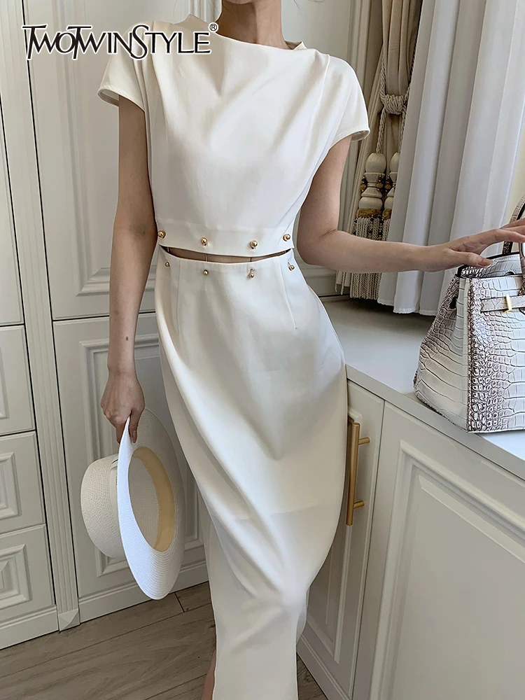 TWOTWINSTYLE Hollow Out Solid Dresses For Women Round Neck Short Sleeve High Waist Pullover Elegant Dress Female Fashion Style
TWOTWINSTYLE Hollow Out Solid Dresses For Women Round Neck Short Sleeve High Waist Pullover Elegant Dress Female Fashion Style