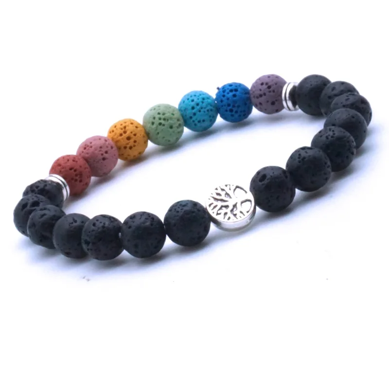 

10pcs Tree of Life 8mm Colorful Seven Chakras Black Lava Stone Bracelet DIY Arom Essential Oil Diffuser Bracelet Yoga Jewelry