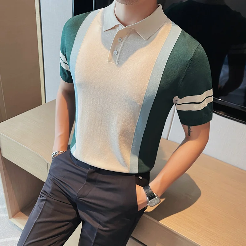 

Mens Plaid Polo Shirt Stretch Slim Fit Lapel Short Sleeve Knit T-Shirt Summer Casual Fashion Business Social Polos S-4XL