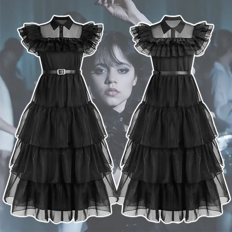 

Платье для косплея средней длины для девочек, костюмы для косплея по мотивам фильма «среду», черные готические платья, женская одежда для Хэллоуина