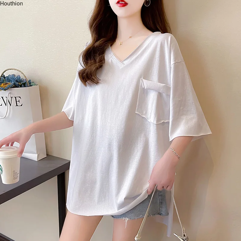 Oversized Women's T-shirt Short Sleeve T Shirt Cotton Top Loose New Korean Fashion V-neck Pocket Tees Female Clothes
Oversized Women's T-shirt Short Sleeve T Shirt Cotton Top Loose New Korean Fashion V-neck Pocket Tees Female Clothes