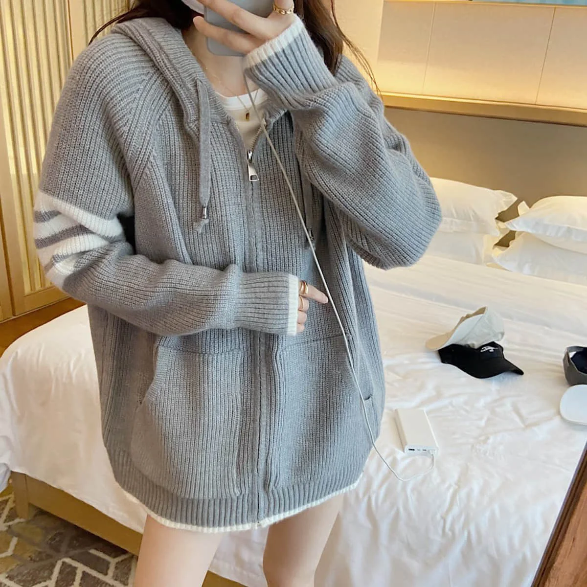 

Womens Brand Hooded Cardigan TB Fashion Luxury Thom Hooded Sweaters Striped Cardigans Striped Cotton Casual Coat England Style