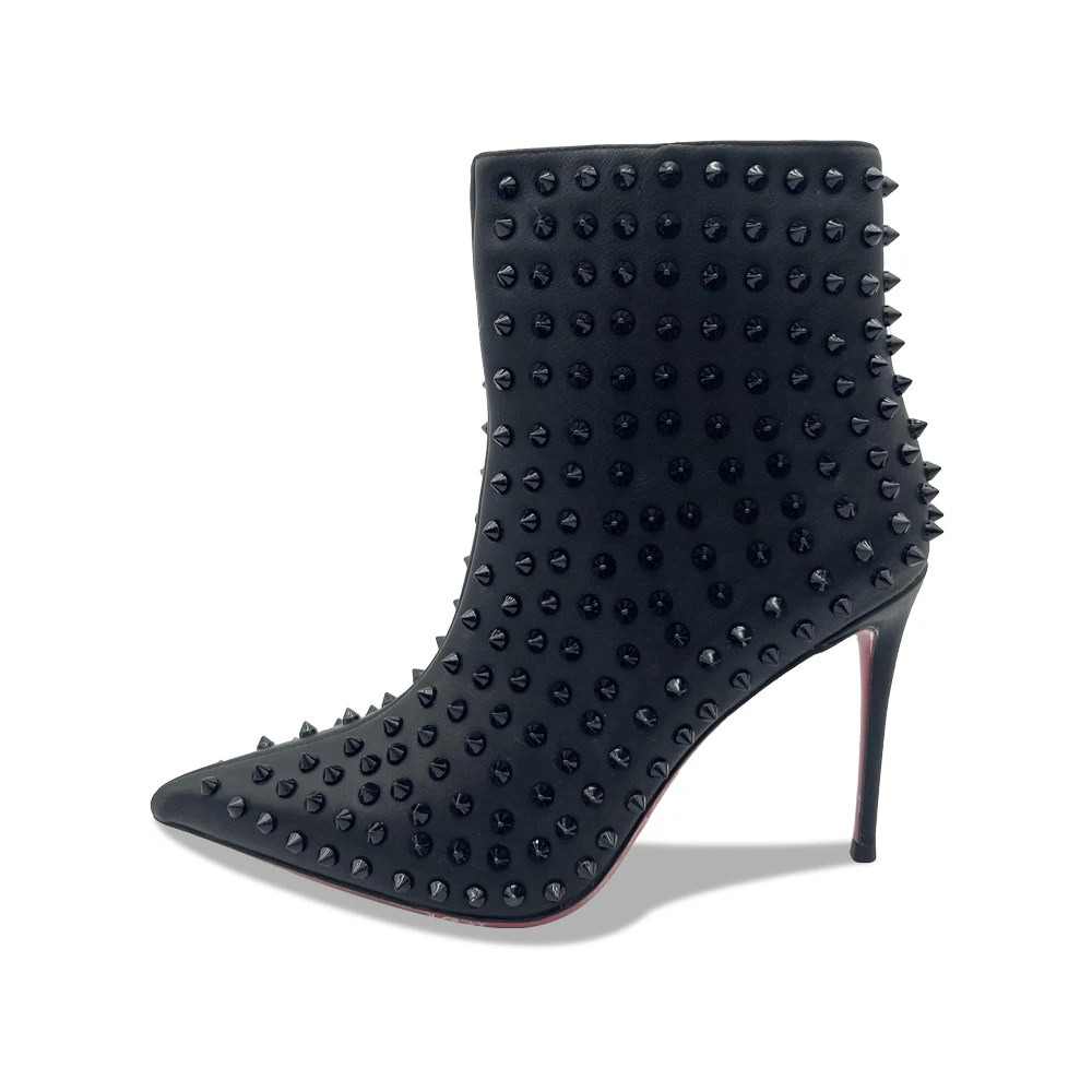 Luxury Calfskin Leather Ankle Heels Boots Rivets Red Bottom Pointed Toe Zipper Stiletto Heels Boots Sexy Women Party Dress Shoes
Luxury Calfskin Leather Ankle Heels Boots Rivets Red Bottom Pointed Toe Zipper Stiletto Heels Boots Sexy Women Party Dress Shoes