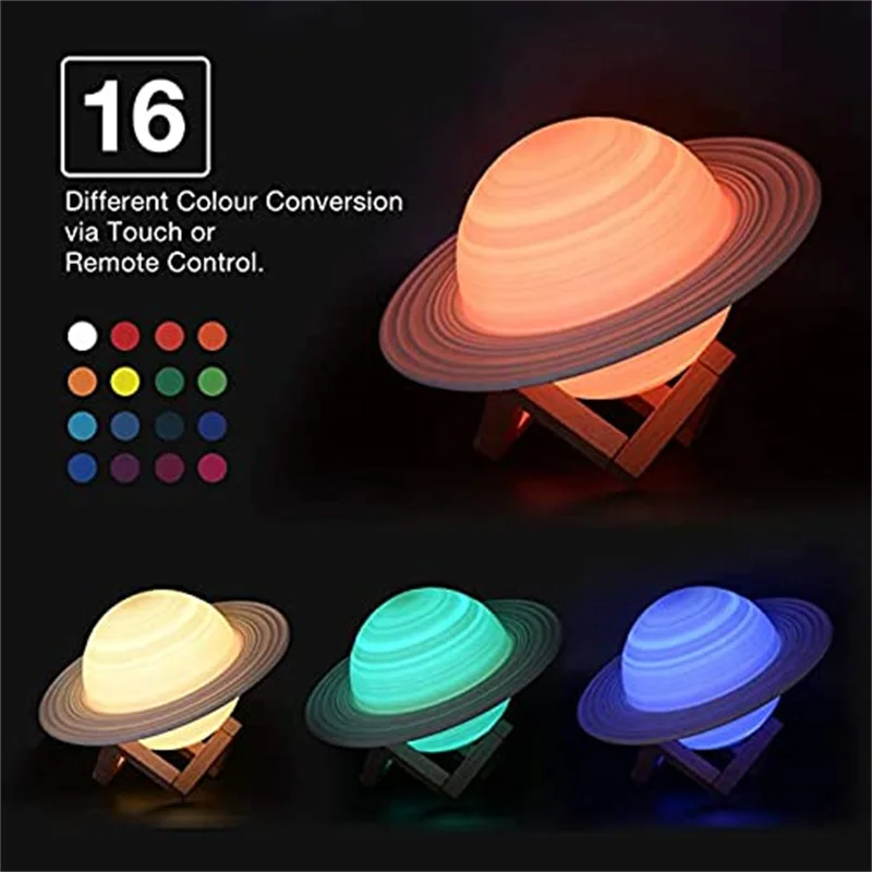Светодиодный ночсветильник Saturn для детей, прикроватная лампа с 3D принтом, 6,3 дюйма, 16 цветов, с подставкой, пультом ДУ и сенсорным управлением, зарядка через USB
Светодиодный ночсветильник Saturn для детей, прикроватная лампа с 3D принтом, 6,3 дюйма, 16 цветов, с подставкой, пультом ДУ и сенсорным управлением, зарядка через USB
