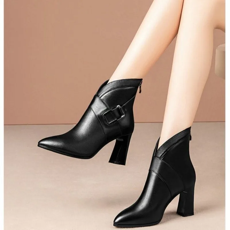 

2023Autumn/winter Women's Boots Pointed Toe Chunky Heel Mid-Calf Western Boots Lace-up Zipper Shoes for Women High Heels 35-40