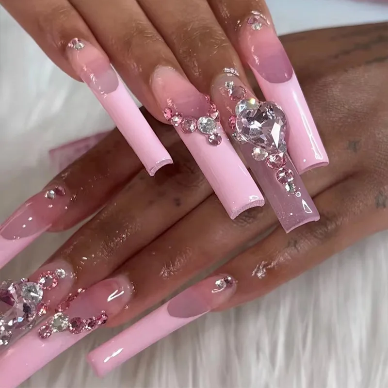 

24Pcs French Long Ballet False Nails Pink Coffin Fake Nails with Rhinestone Wearable Finished Fingernails Press on Nails