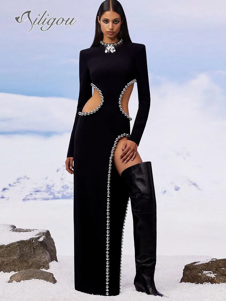 Ailigou 2022 Fall Winter New Style Women's Sexy O Neck Cutout Black Beaded Long Bodyband Dress Elegant Celebrity Party Dress
Ailigou 2022 Fall Winter New Style Women's Sexy O Neck Cutout Black Beaded Long Bodyband Dress Elegant Celebrity Party Dress
