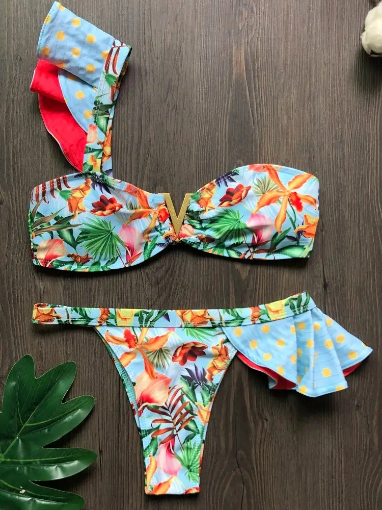 

2023 Sexy Bikinis Women Swimsuit Tropical Print Swimwear Brazilian Bikini Set Ruffle Bathing Suit Beachwear Biquini Female