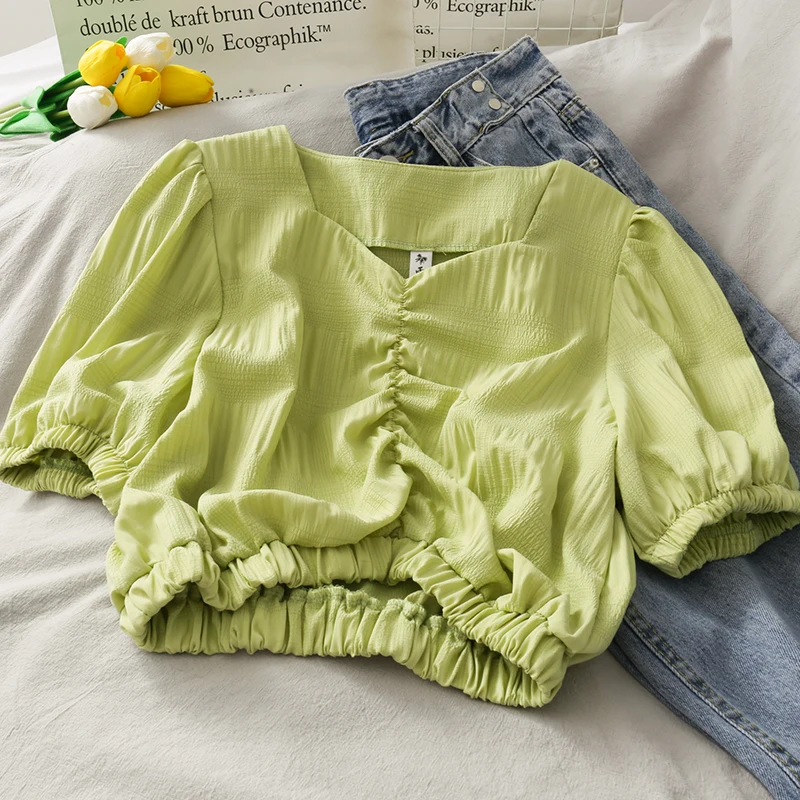Chiffon Puff Sleeve Shirring Crop Shirts V Neck Elastic Hem Casual Solid Tops Women's Woven Blouse Short Crepe
Chiffon Puff Sleeve Shirring Crop Shirts V Neck Elastic Hem Casual Solid Tops Women's Woven Blouse Short Crepe