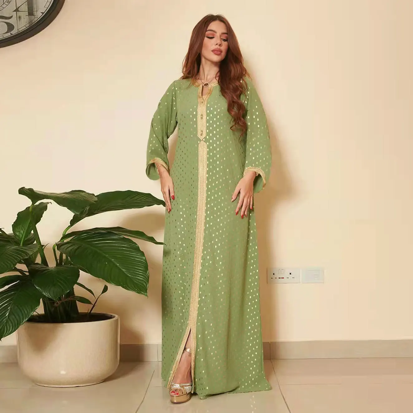 

Party Gold Stamping Jalabiya Kaftan Dress for Women Dubai Crinkled Crepe Fabric Casual Modest Robe Muslim Arab Moroccan Caftan