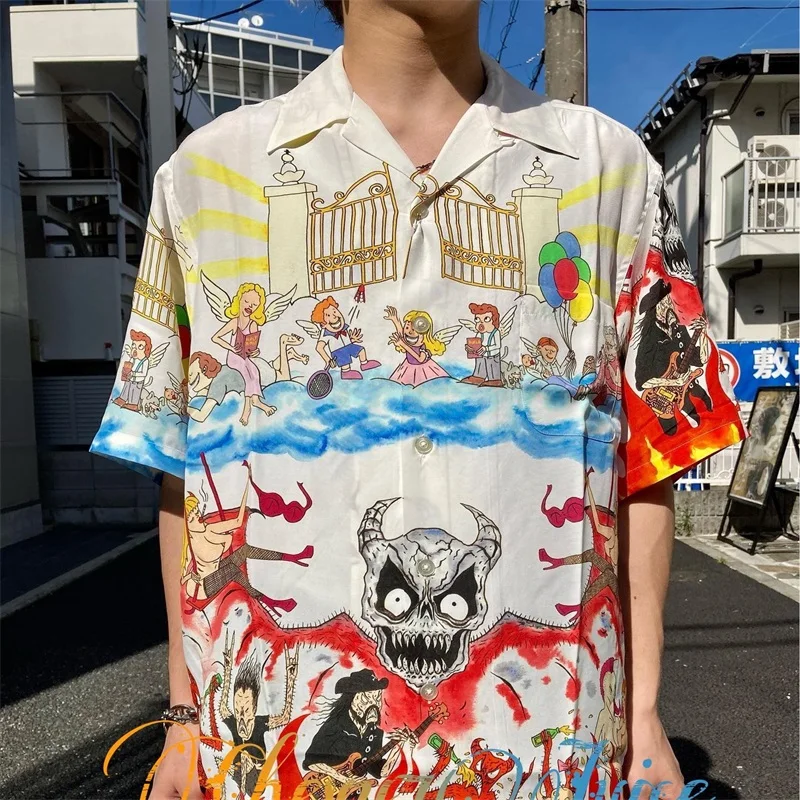 

23SS High Quality New Wacko Maria Shirts Men Women Bat Skull Print White Black Hawaii Beach Shirt Viking