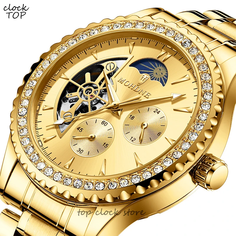Gold Automatic Mechanical Watch for Men Solid Stainless Steel Golden Skeleton Diamond Wristwatch Male Hombre Relogio Masculino
Gold Automatic Mechanical Watch for Men Solid Stainless Steel Golden Skeleton Diamond Wristwatch Male Hombre Relogio Masculino