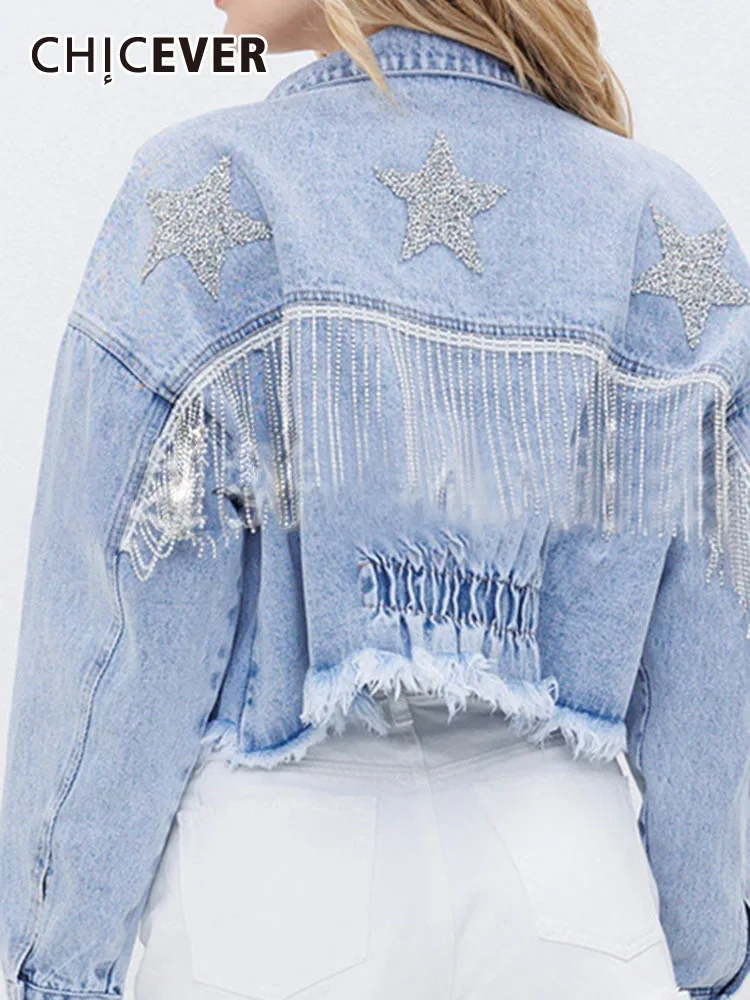 CHICEVER Ripped Denim Jackets For Women Lapel Long Sleeve Single Breasted Patchwork Tassel Raw Hem Loose Jacket Female Spring
CHICEVER Ripped Denim Jackets For Women Lapel Long Sleeve Single Breasted Patchwork Tassel Raw Hem Loose Jacket Female Spring