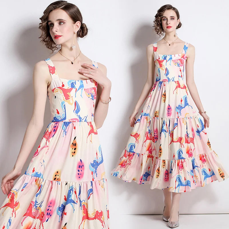 2022 Summer New Women's High-end Temperament Fashion Square Neck Sleeveless Slim Fit Large Swing Printed Suspender Dress
2022 Summer New Women's High-end Temperament Fashion Square Neck Sleeveless Slim Fit Large Swing Printed Suspender Dress
