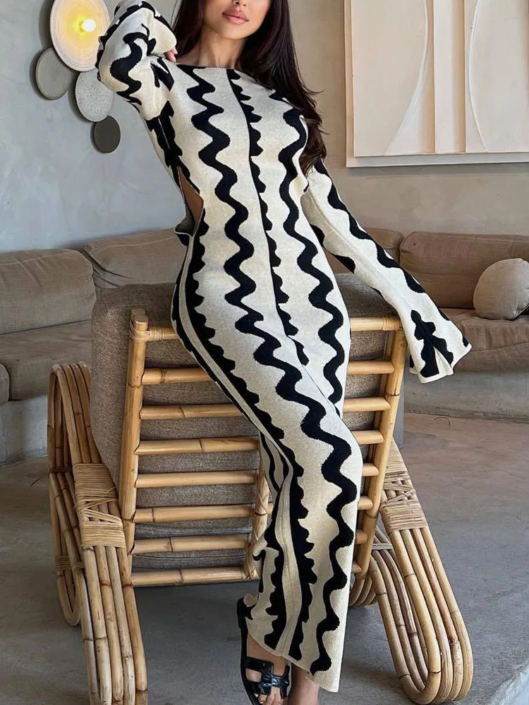 Knitted Dress Women Striped Knit Maxi Dress Fashion Elegant Slim Dress Sexy Hollow Out Wave Long Dress Lady Bodycon Party Dress
Knitted Dress Women Striped Knit Maxi Dress Fashion Elegant Slim Dress Sexy Hollow Out Wave Long Dress Lady Bodycon Party Dress