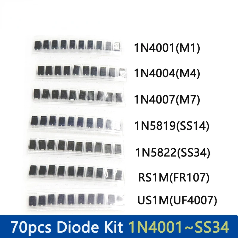 70pcs/lot SMD Diodes 1N4007 M7 1N4001 M1 1N4004 M4 SS14 US1M RS1M SS34 7 Values*10pcs Electronic kit schottky diode set pack
70pcs/lot SMD Diodes 1N4007 M7 1N4001 M1 1N4004 M4 SS14 US1M RS1M SS34 7 Values*10pcs Electronic kit schottky diode set pack