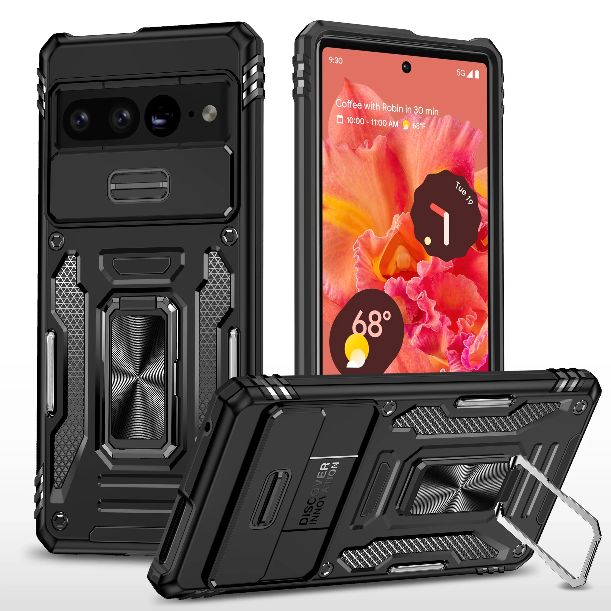 

For Google Pixel 7 Pro Case Shockproof Armor Slide Lens Cover Ring Bracket Hard Plastic TPU Back Case with Kickstand Accessories