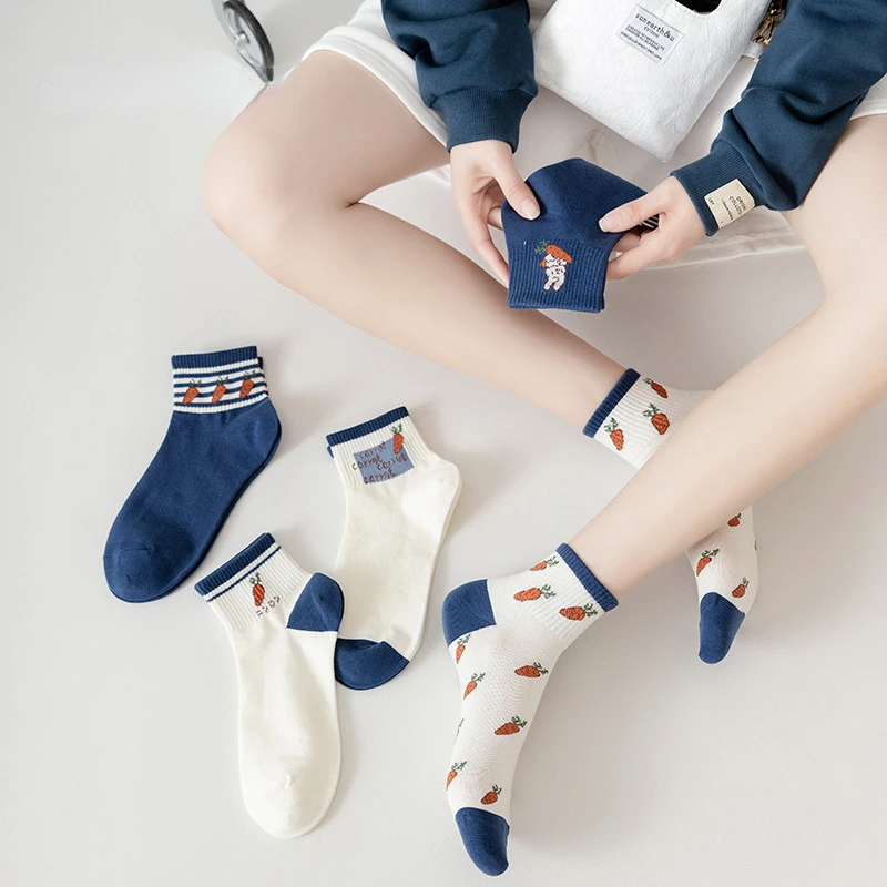 

Женские носки из чистого хлопка, тонкие Мультяшные японские милые носки для девочек с рисунком кролика, моркови