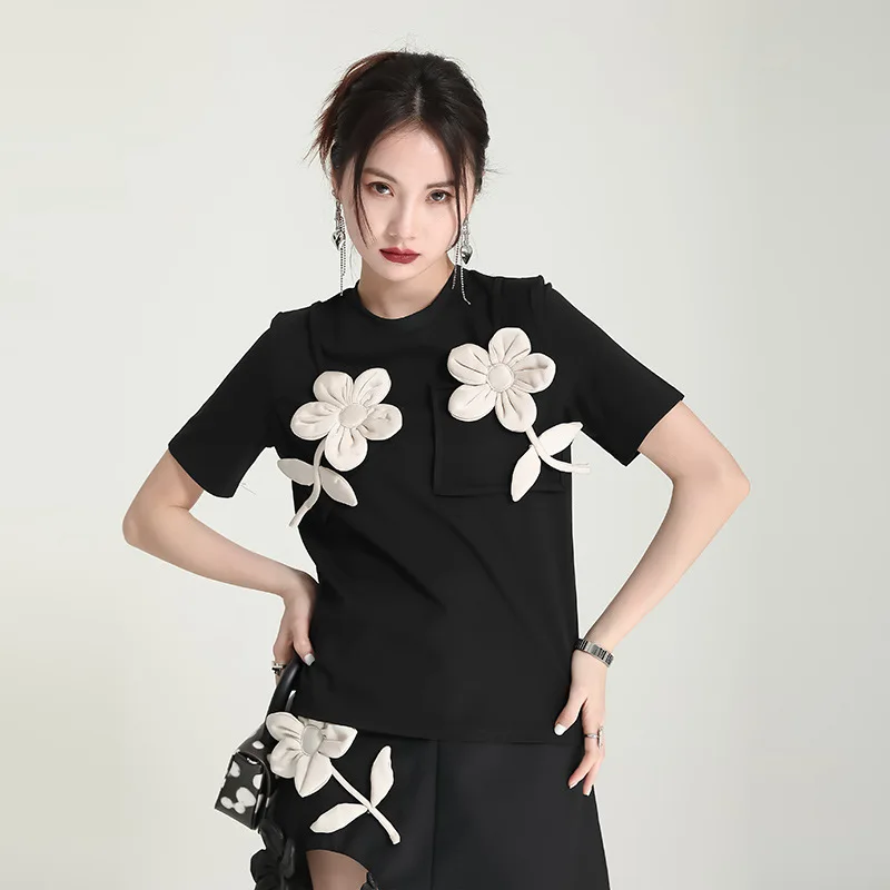 2022 New Black T Shirt Women Summer Tees Slim Fit 3D Floral Decorate Short Sleeve Patchwork Pullover Tops Streetwear
2022 New Black T Shirt Women Summer Tees Slim Fit 3D Floral Decorate Short Sleeve Patchwork Pullover Tops Streetwear