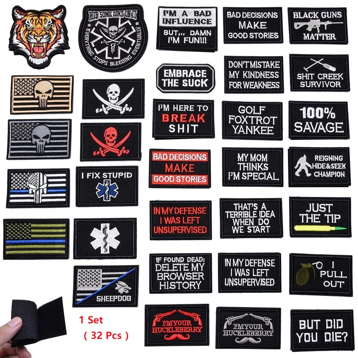 

32Pcs Tactical Morale Slogans US ARMY Military Patches for Clothes Embroidered Stickers on Backpack Badge Hook Loop Applique