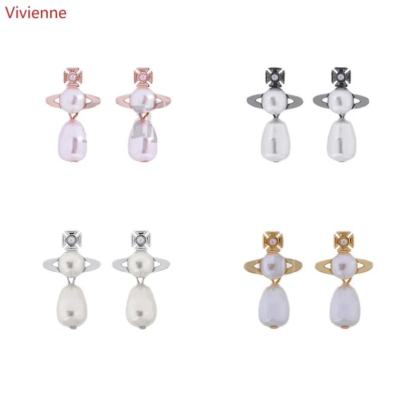 

Vivienne Westwoo VVA Small Saturn New Arrival Hot Sale Removable Pearl Earrings, Luxury Women Punk Ear Rings