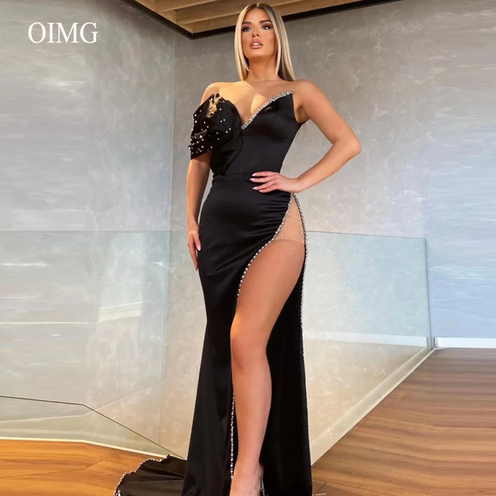 OIMG Modern Black Satin Evening Dresses Pearls Off the Shoulder High Split Dubai Women Formal Prom Dress Special Occasion Gown
OIMG Modern Black Satin Evening Dresses Pearls Off the Shoulder High Split Dubai Women Formal Prom Dress Special Occasion Gown