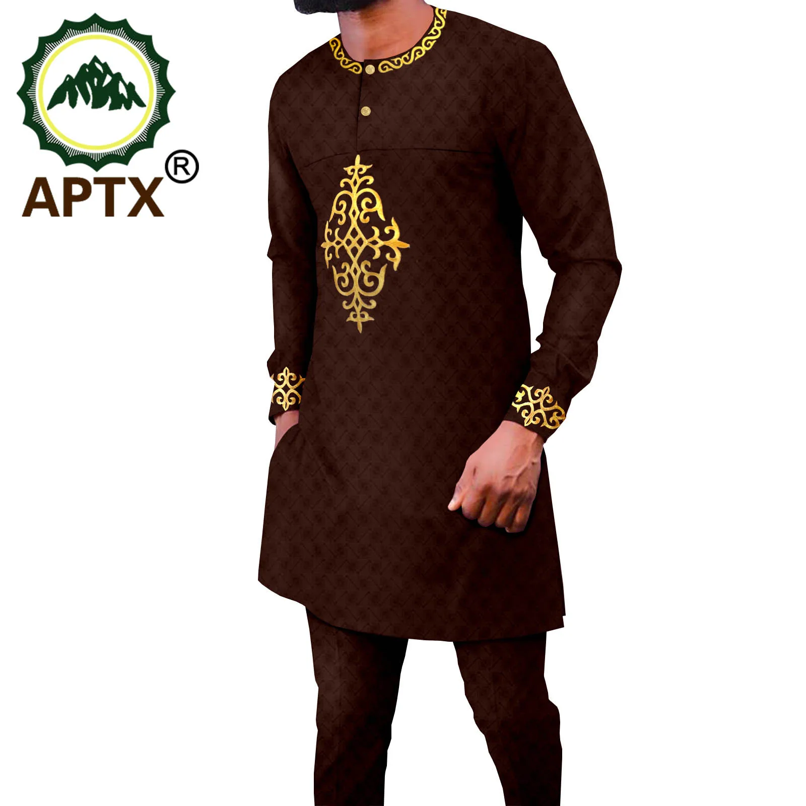 

African Jacquard Men's O-Neck Embroidered Printed Long Sleeve Shirt and Trousers Two Piece Tribal Set Formal Wedding a2216021