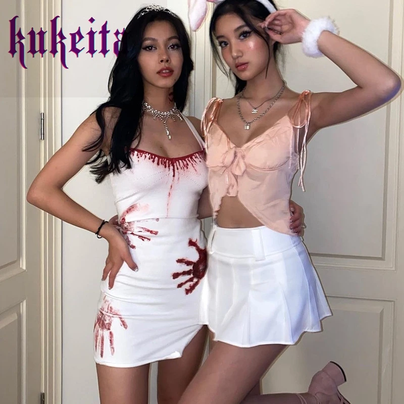 

Gothic Halloween Dress Blood Palm Printed Women Cosplay Party Dress Sleeveless Halter Spaghetti Strap Sexy Bodycon Mini Dress