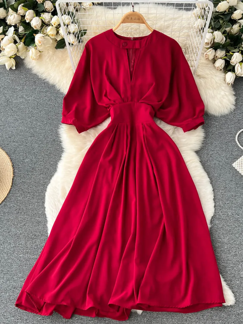 2022 Summer French Retro Women Dress Solid Color O-neck Cutout Short Batwing Sleeve Slim High Waist A-line Midi Party Dress Robe
2022 Summer French Retro Women Dress Solid Color O-neck Cutout Short Batwing Sleeve Slim High Waist A-line Midi Party Dress Robe