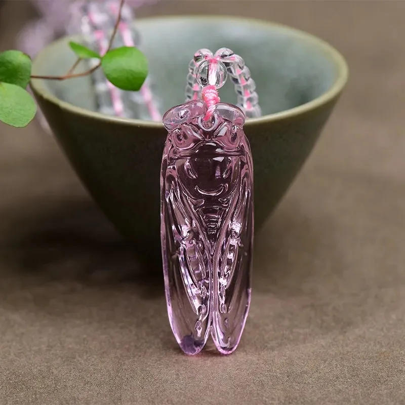 

Natural Pink Crystal Hand Carved Cicada Jade Pendant Fashion Boutique Jewelry Men's and Women's Cicada Necklace Gift