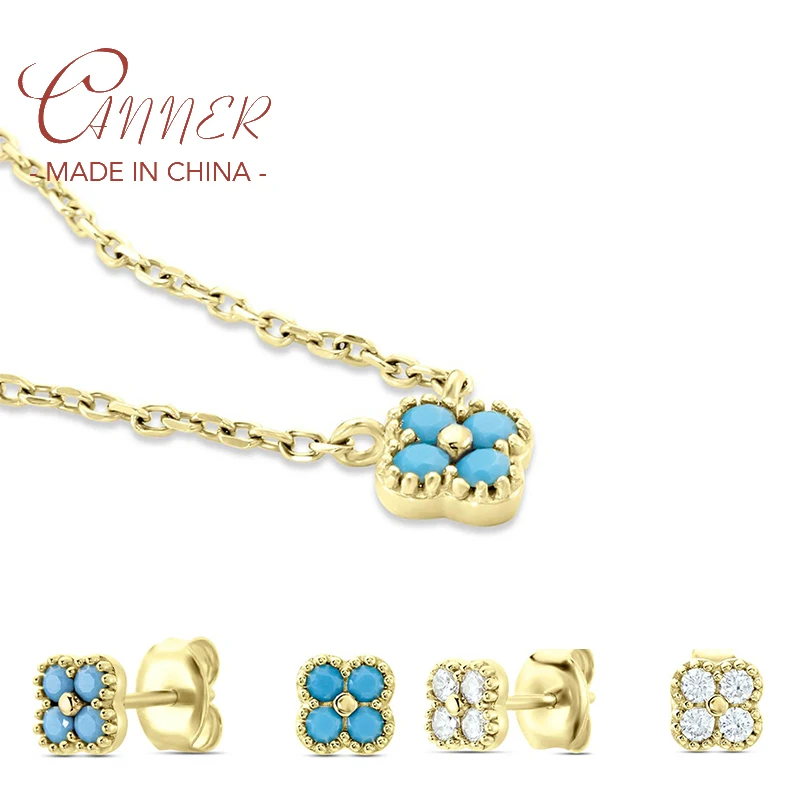 

CANNER S925 Sterling Silver Turquoise Flower Jewelry Set Stud Earrings Pendant Necklaces Chain for Women Gifts Collares Choker