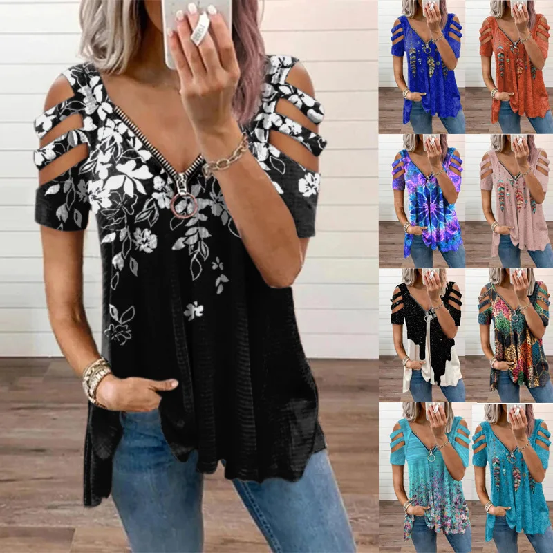 Popular Summer 2022 European And American Style V-neck Zipper Pullover Printed Cotton Short-sleeved Loose T-shirt Women's Top
Popular Summer 2022 European And American Style V-neck Zipper Pullover Printed Cotton Short-sleeved Loose T-shirt Women's Top