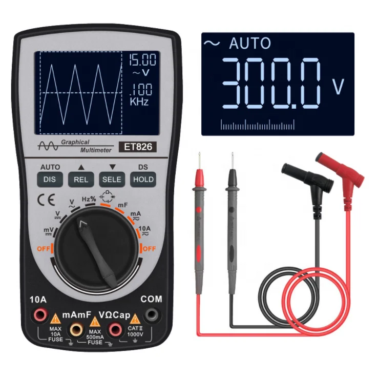 ET826 Digital Oscilloscope Multimeter DC/AC Current Voltage Resistance Frequency Diode Tester with 4000 Counts 20KHz
ET826 Digital Oscilloscope Multimeter DC/AC Current Voltage Resistance Frequency Diode Tester with 4000 Counts 20KHz