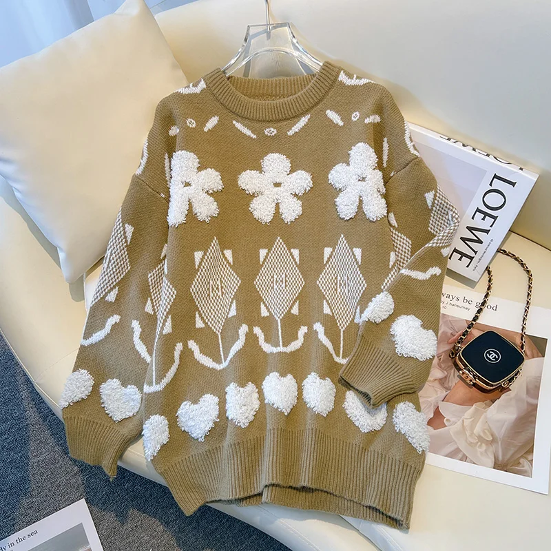 Actual flocked floral love head sweater women's autumn and winter new loose soft maternal sweet lazy knitted sweater
Actual flocked floral love head sweater women's autumn and winter new loose soft maternal sweet lazy knitted sweater