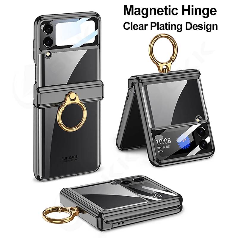 

GKK For Galaxy Z Flip 4 5G Case Magnetic Hinge Ring Stand Clear Plating Cover For Samsung Galaxy Z Flip4 All-included Hard Case