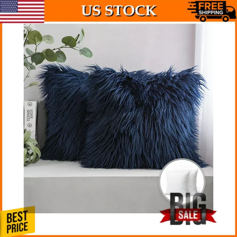 

Декоративная декоративная подушка для дивана, квадратная монгольская пушистая серия из искусственного меха, 20x20 дюймов, темно-синяя, 2 упаковки