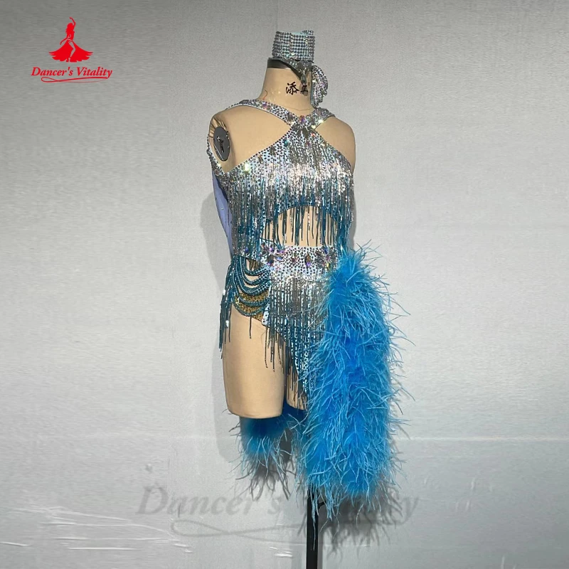 

Latin Dance Dress Women Competition Costumes Senior Feather Rumba Chacha Tango Dancing Wear Clothing Customsized Latin Skirts