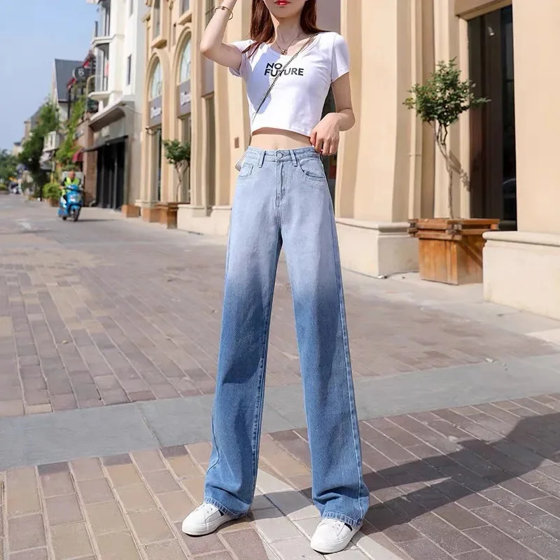 

Korea Style Gradient Color Baggy Jeans Women Spring Commuting Contrasting-Colors Y2k Pants High Waist Wide-leg Women's Trousers