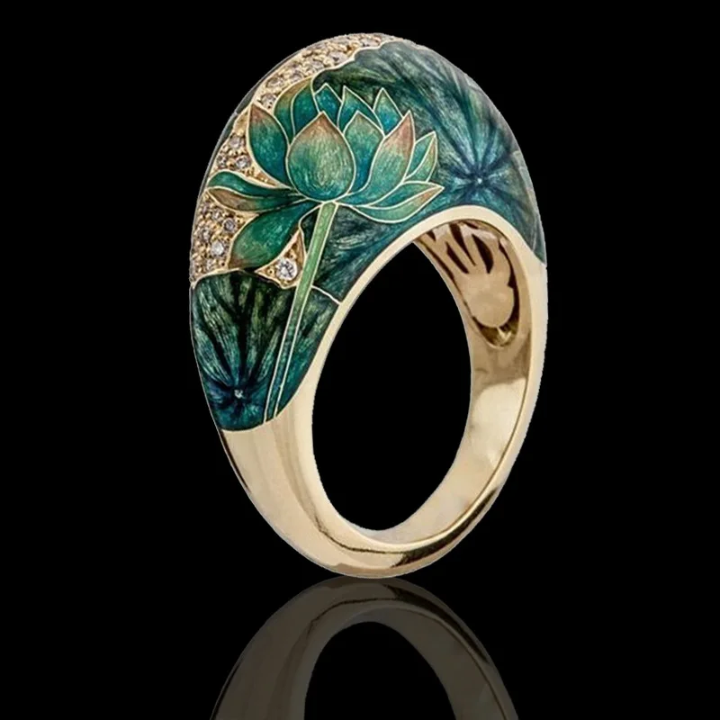 

Milangirl Exquisite Floral Lotus Enamel Two-tone Vintage Rings for Women Romantic Zircon Bridal Wedding Engagement Ring