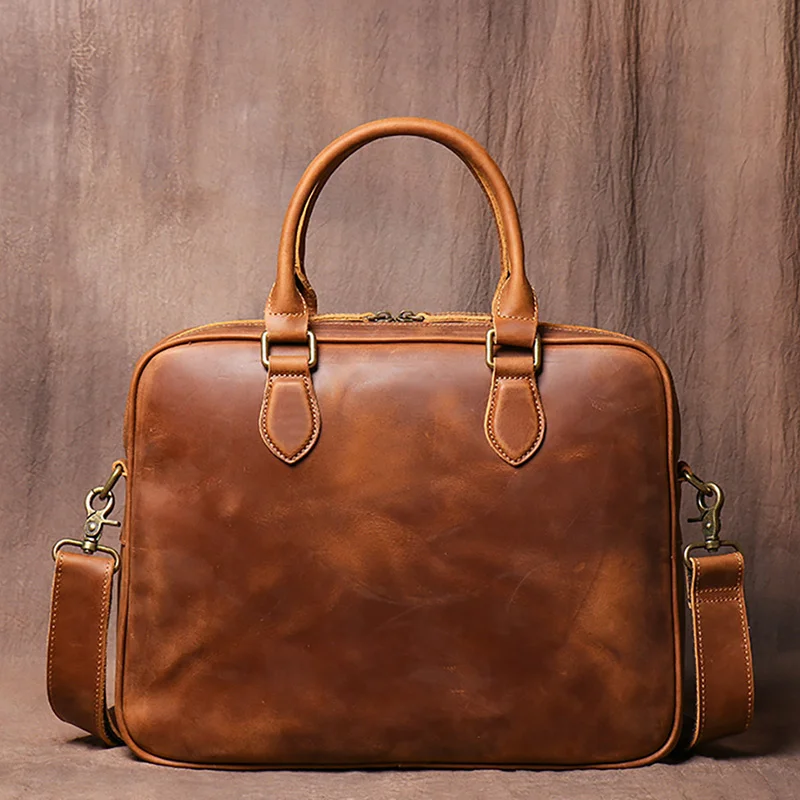 

Horse Crazy Leather Men Briefcase for Man Suitable Storing Documents 14 Messenger Bag Business Retro Brown Handbag