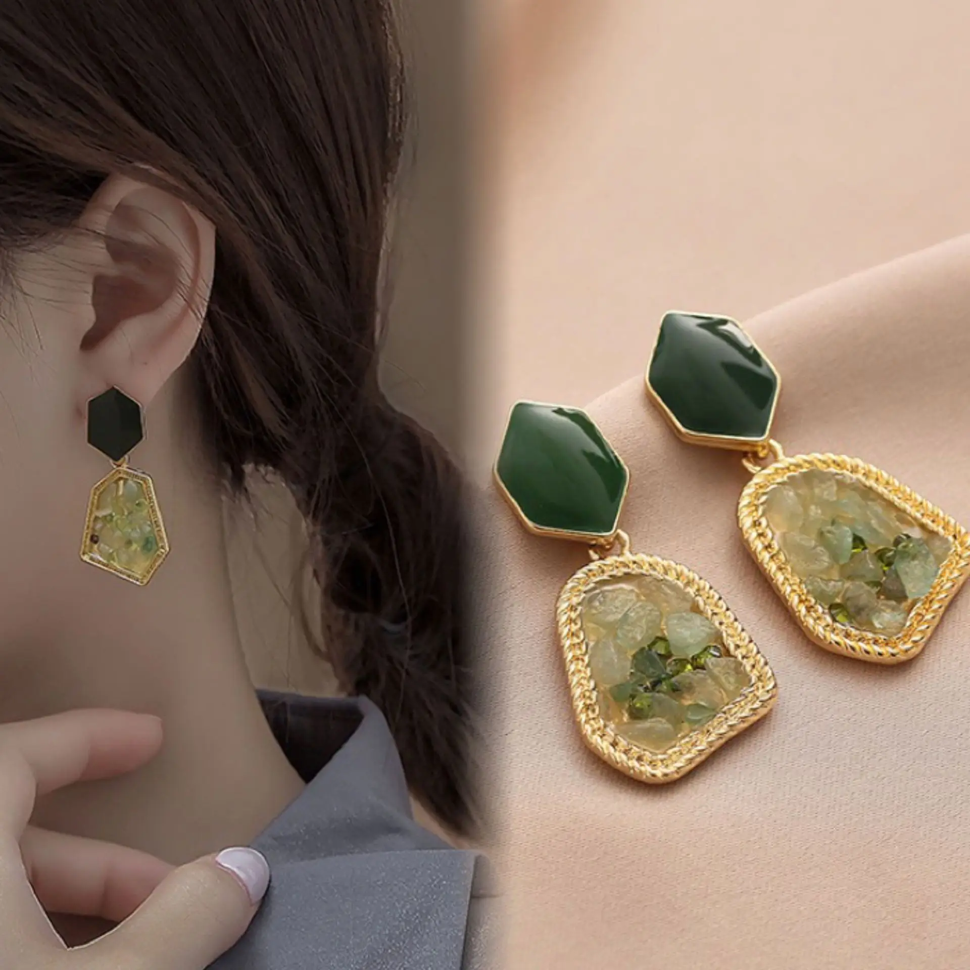 Advanced retro green geometric inlay with crushed stone irregular earrings new fashionable and atmospheric earrings
Advanced retro green geometric inlay with crushed stone irregular earrings new fashionable and atmospheric earrings