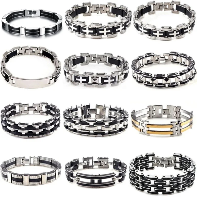 Men Stainless Steel Link Chain Bracelets & Bangles Men's Cuff Wristband Biker Motorcycle Black Silicone Bracelet 
Men Stainless Steel Link Chain Bracelets & Bangles Men's Cuff Wristband Biker Motorcycle Black Silicone Bracelet