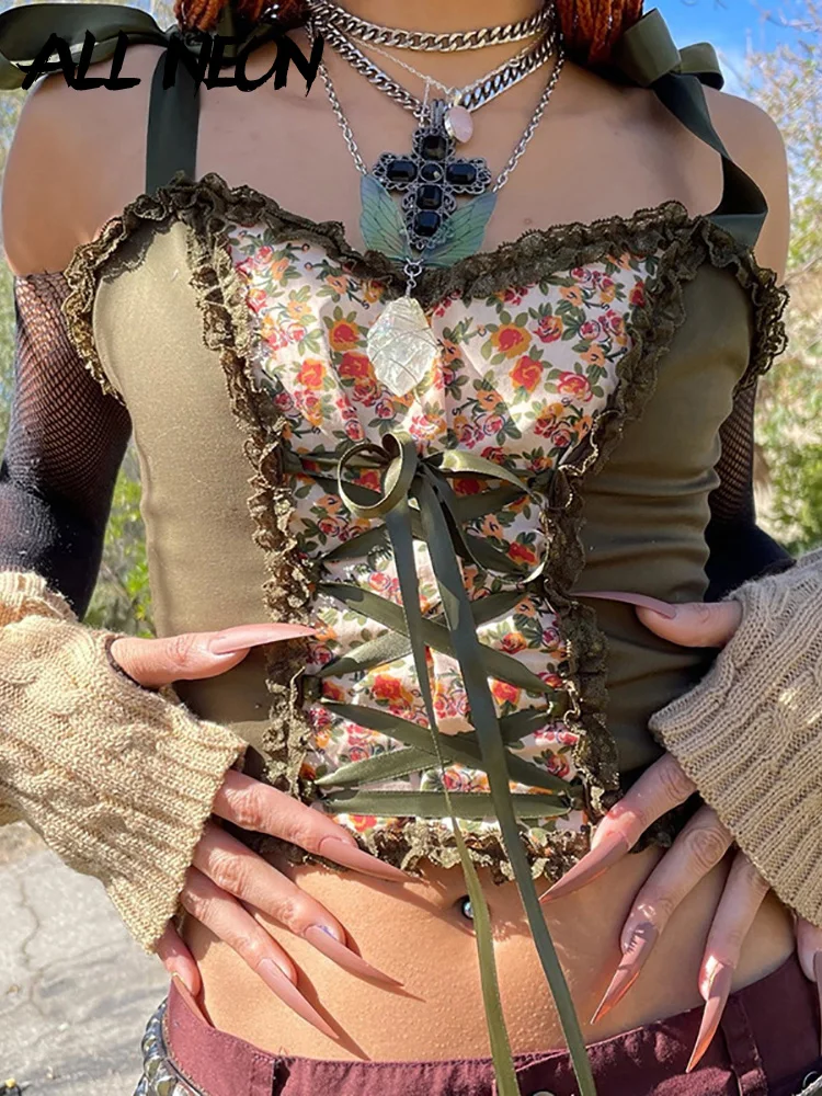 ALLNeon Fairy Grunge Aesthetics Lace Up Patchwork Green Corset Tops Y2K Vintage Sweet Floral Print Ruffles Trim Crop Top Summer
ALLNeon Fairy Grunge Aesthetics Lace Up Patchwork Green Corset Tops Y2K Vintage Sweet Floral Print Ruffles Trim Crop Top Summer