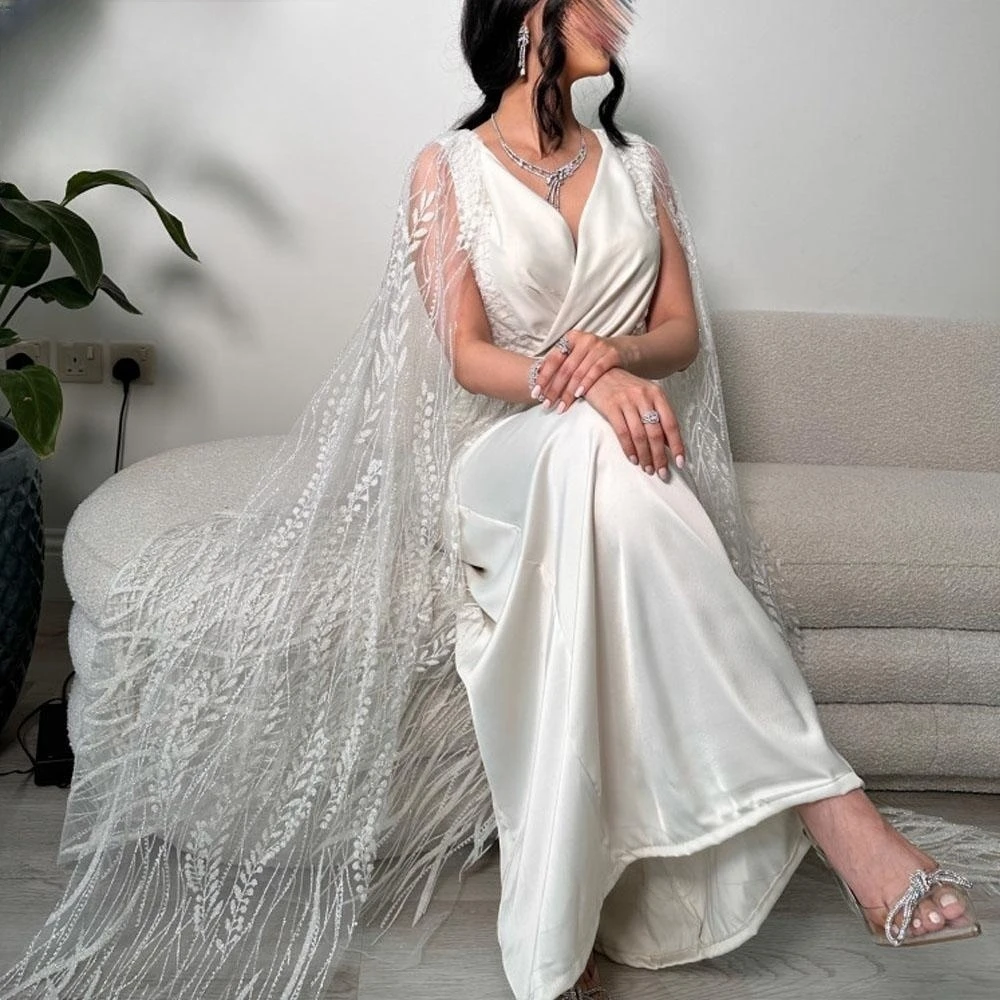 2023 White Mermaid Evening Dress Deep V-Neck Satin Lace Sleeve Prom Gowns Simple Slim Saudi Arabia Women's Formal Party Dress 
2023 White Mermaid Evening Dress Deep V-Neck Satin Lace Sleeve Prom Gowns Simple Slim Saudi Arabia Women's Formal Party Dress