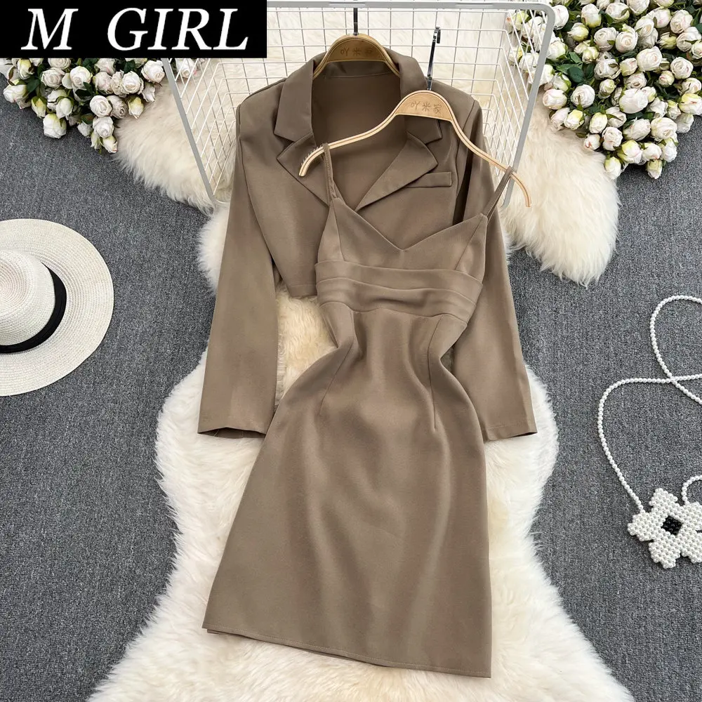 

M GIRLS Autumn Ladies Two Piece Set with Short Blazer Femme + Spaghetti Strap Mini Dress Khaki/Black Slim Jupe Et Haut Ensenble