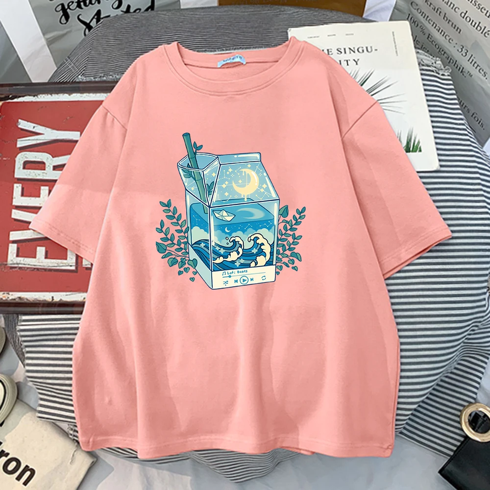 

Women Fashion Retro Crew Neck T Shirt Streetwear Oversize Women's T Shirt Oversized Tee Milk Box Moonlight Waves Prints T Shirts